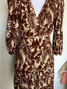 Mango Brown and Cream Leaf-Print Long Sleeve Dress